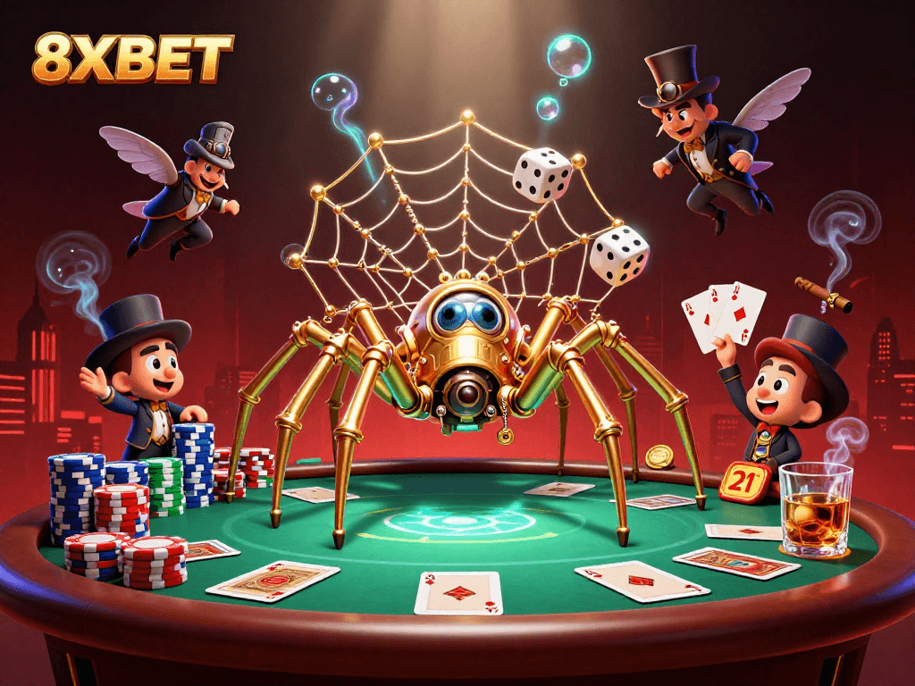 Bet big at 8XBET with a steampunk spider and poker scene highlighting thrilling gaming.