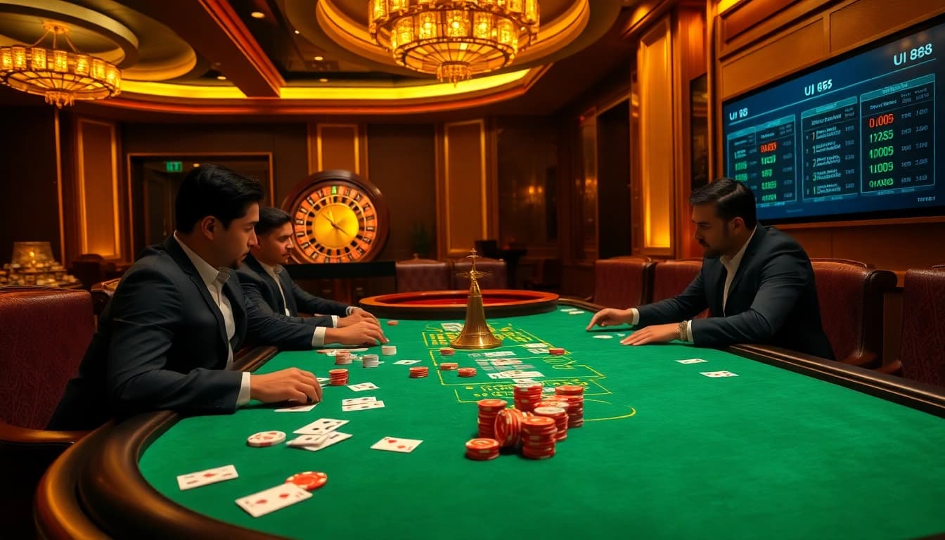 Players strategize at the UU 88 poker table, showcasing excitement in a high-stakes casino.