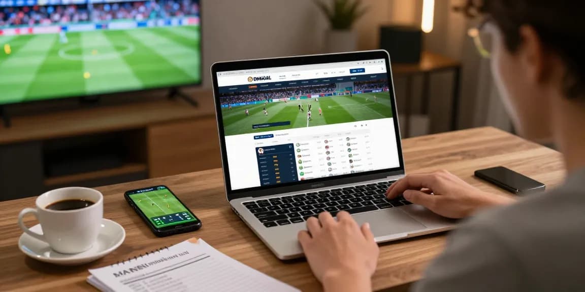 Agen Parlay Idngoal user engaging in online sports betting with laptop and live match display.