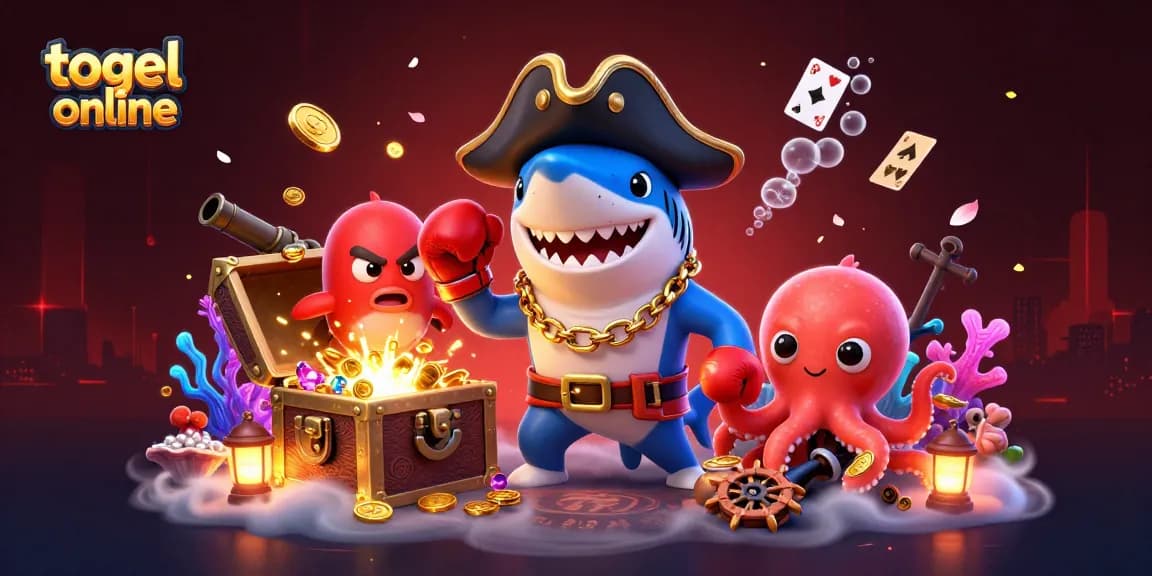 Permainan togel online yang mendebarkan dengan karakter kartun ikan hiu, puffin, dan cumi-cumi di laut.