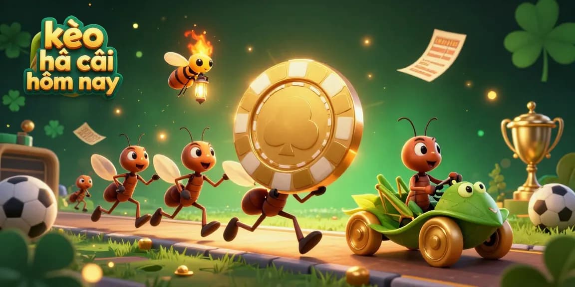 Bet on kèo nhà cái hôm nay with vibrant scene featuring ants heisting a golden chip and sports motifs.