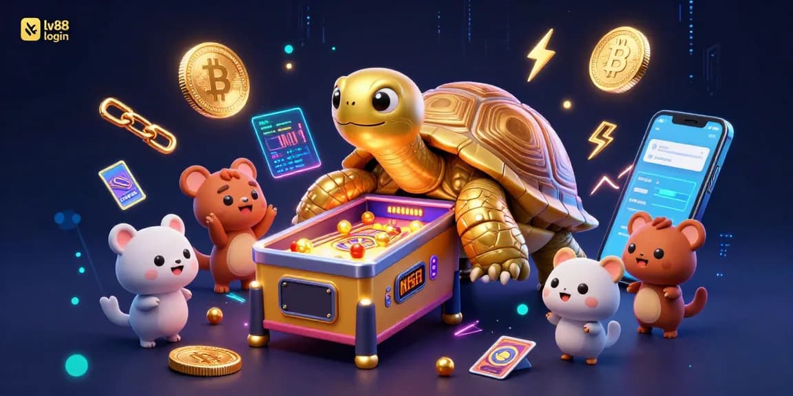 Engage in exciting play with lv88 login featuring a cartoon tortoise pinball and glowing crypto coins.