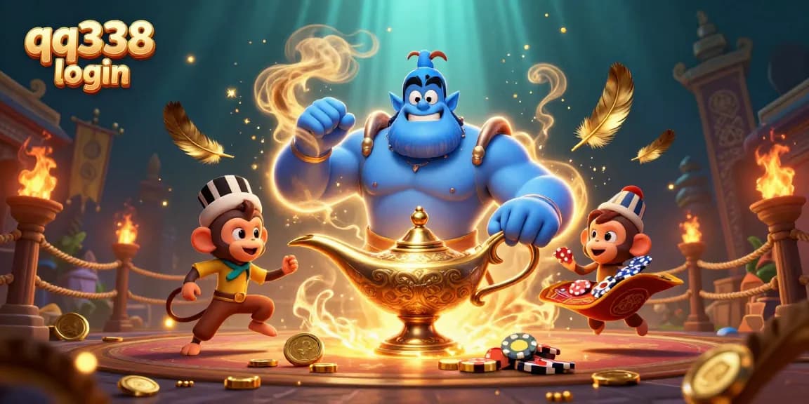 Experience seamless gaming with qq338 login surrounded by magical elements and vibrant casino icons.