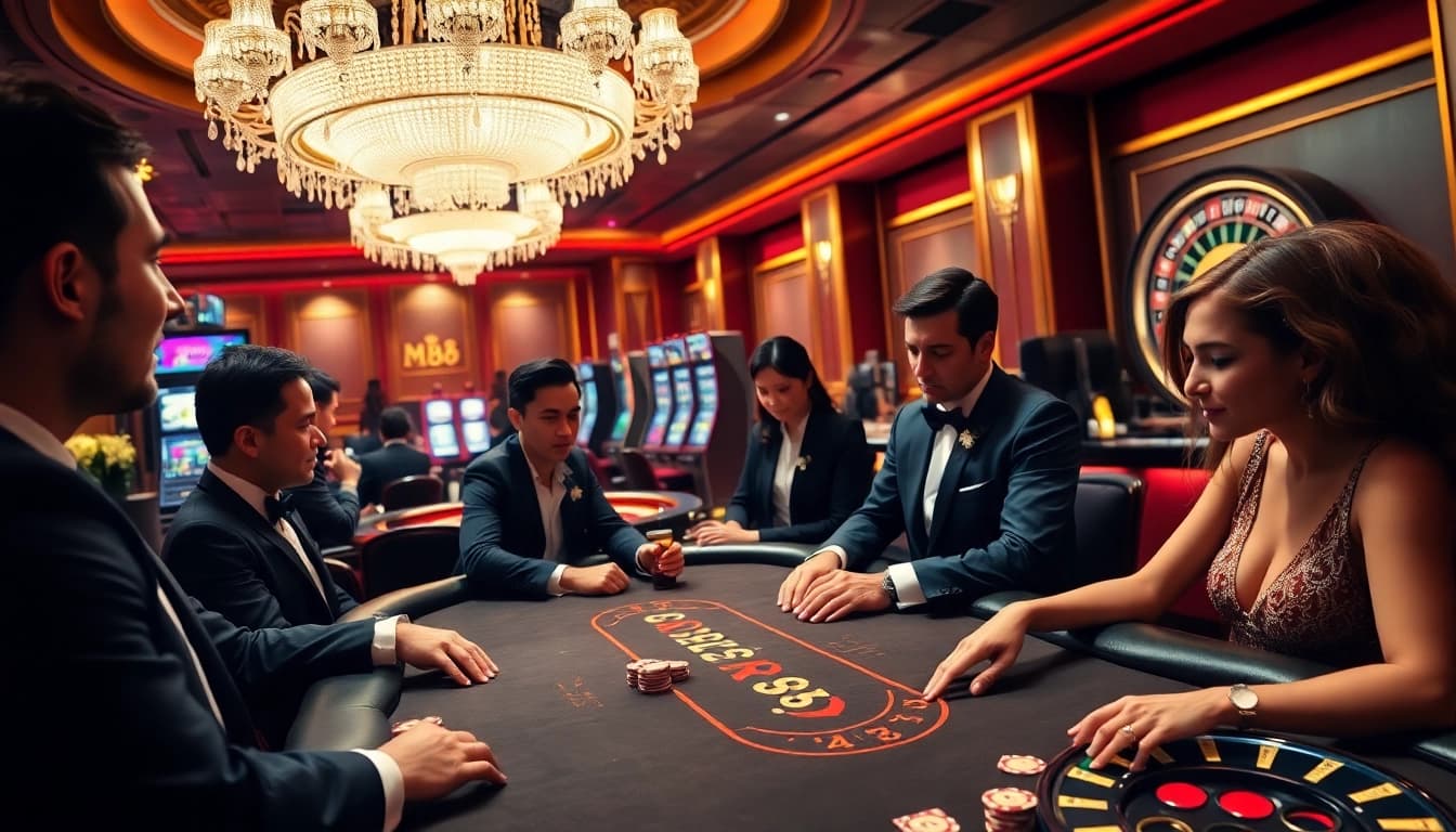 Players enjoying a thrilling MM88 casino experience at a vibrant poker table.