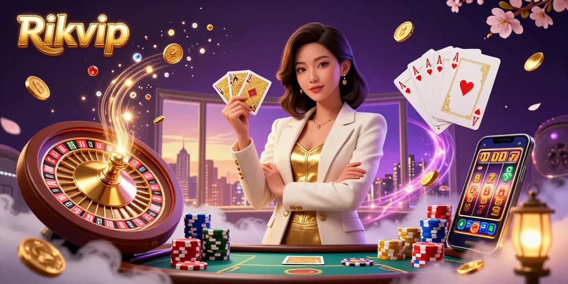 Experience the excitement of Rikvip with a glamorous Asian dealer at a lively casino scene.