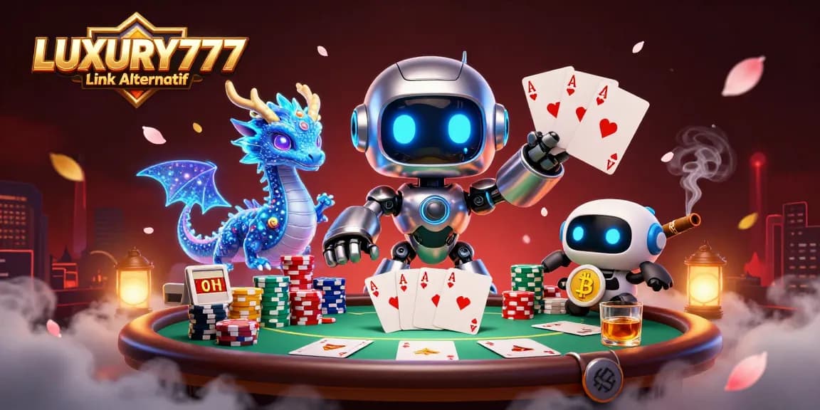 Gambar LUXURY777 Link Alternatif yang menampilkan robot cyberpunk dan elemen kasino menarik.