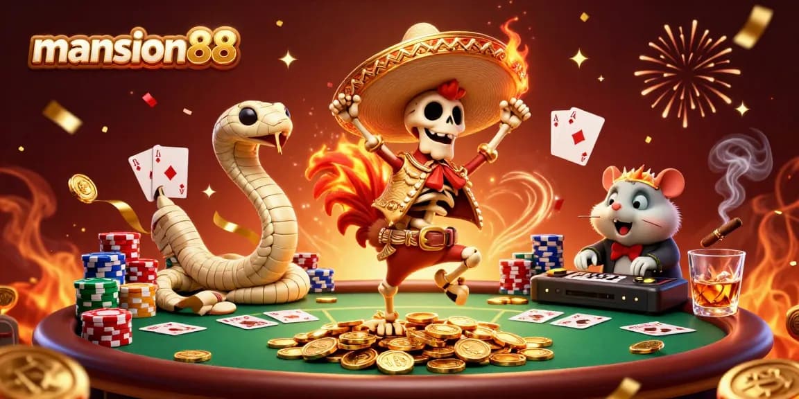Experience thrilling wins at mansion88 with festive characters and vibrant casino elements!