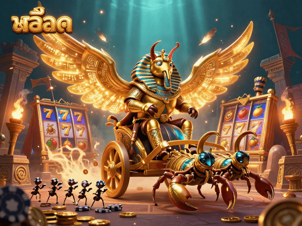 Gather around the สล็อต scene with vibrant slot reels and a chariot pulled by scorpions.