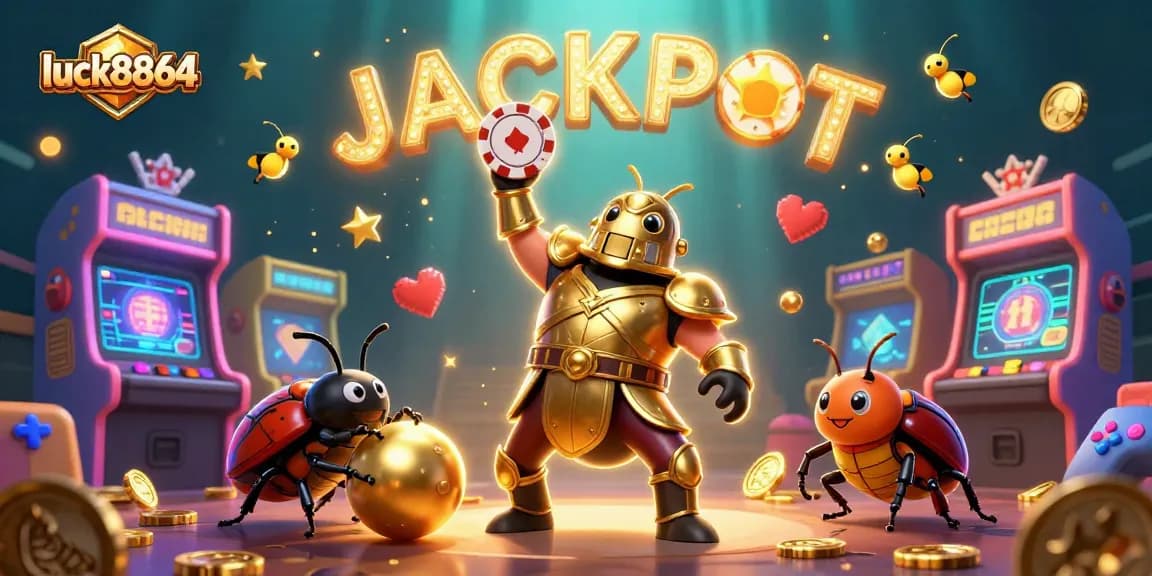 Experience the thrill of winning at luck8864 with a 3D beetle champion lifting a poker chip in a lively casino scene.