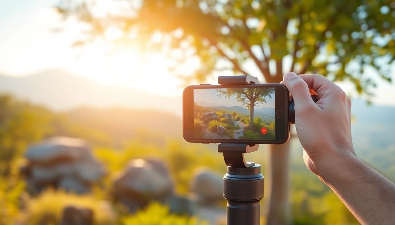 Smartphone gimbal in action capturing smooth video footage outdoors, showcasing スマホジンバル technology.
