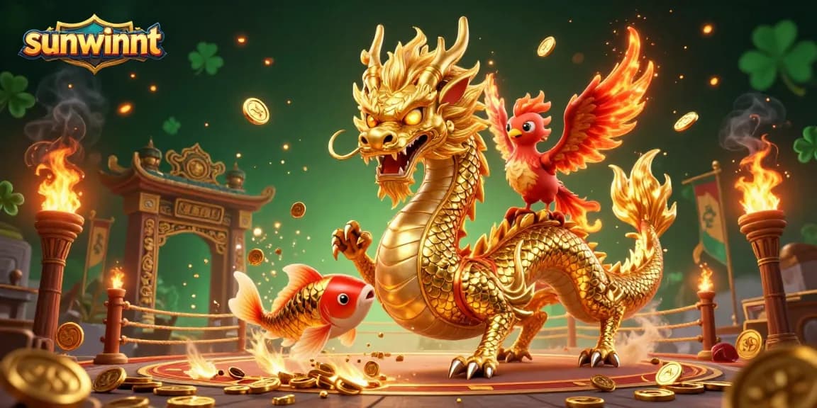 Experience the thrill of sunwinnt casino with a vibrant 3D illustration showcasing a dragon, phoenix, and coins.