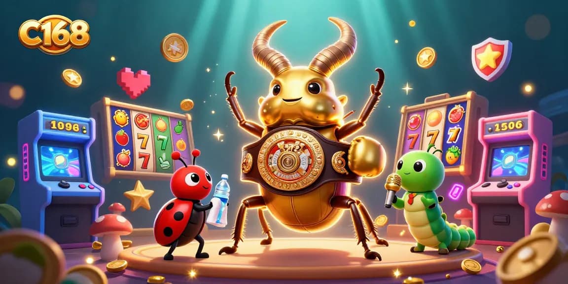 C168 slots scene featuring a giant golden stag beetle champion with vibrant slot reels, lucky 7s, and colorful arcade games.
