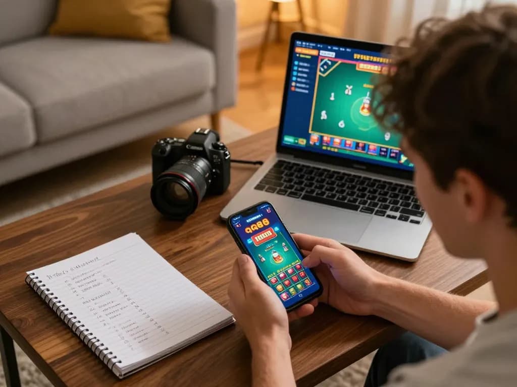 Player navigating the qq88 casino app in a cozy home setting while strategizing betting