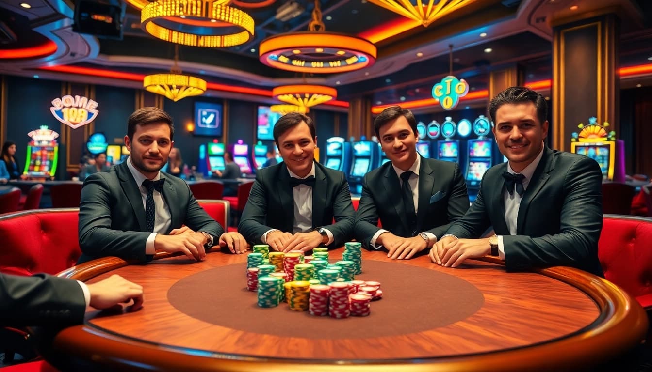 Players engage in a high-stakes poker game at KJ C with vibrant chips and an exciting atmosphere.