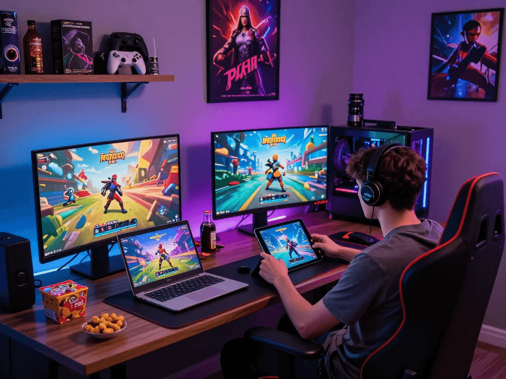 Interactive vibrant scene of users playing porngame on various devices with engaging graphics.