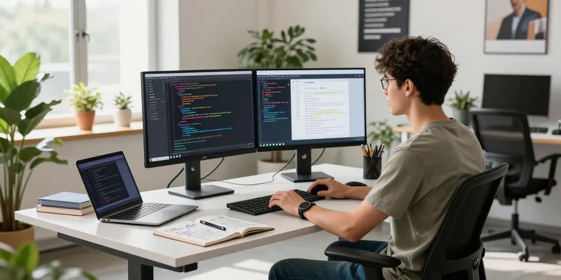 Engaged developer working on 纸飞机中文版 application in modern tech office.