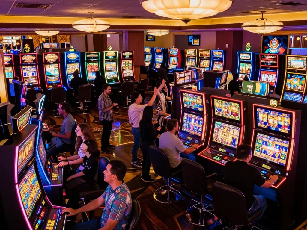 Players enjoying popular slot games in vibrant casino atmosphere with dynamic screens