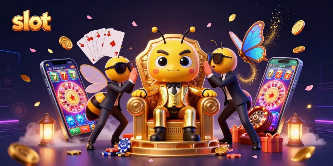 Experience the thrill of slots with vibrant coins and games surrounding a stylized slot scene.
