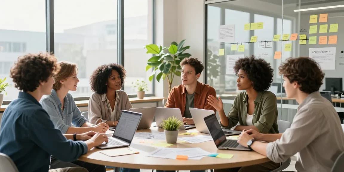 Team collaborating on startup strategies at https://www.startsomethingpc.com in a modern office.