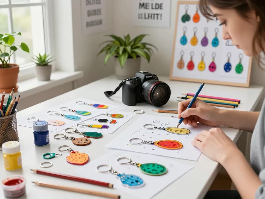 Vibrant custom keychain designs being created in a bright workspace, showcasing a variety of materials and inspired atmosphere.