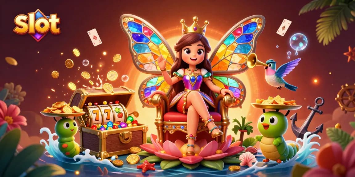 Putaran slot yang mengasyikkan dengan simbol buah dan jackpot, dekorasi kasino yang megah.