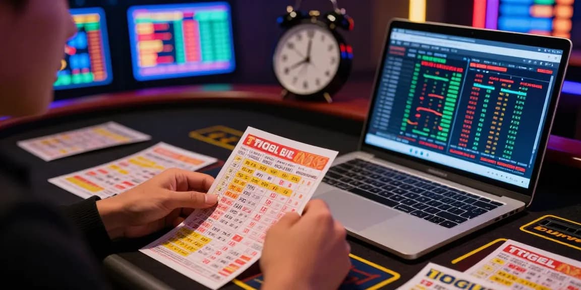 Menganalisis angka untung dalam permainan Togel di malam hari dengan laptop dan kupon taruhan.