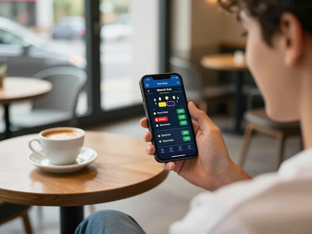 Player accessing Link Alternatif for sports betting on smartphone at coffee shop, showcasing vibrant app interface and relaxed atmosphere.