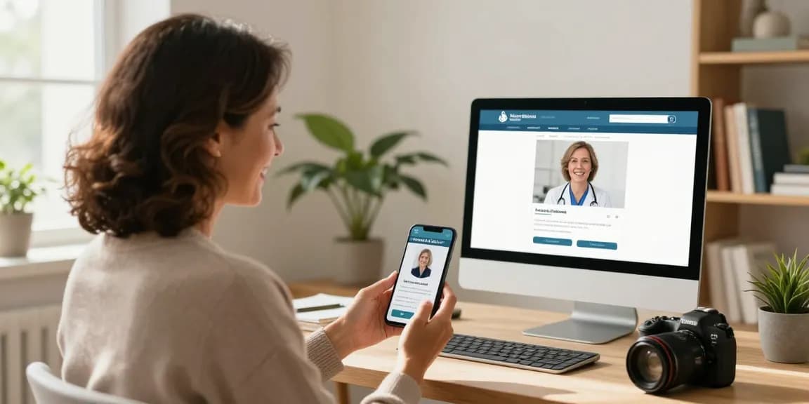 Consultation for medical marijuana card online with a patient and doctor in a warmly lit home office.