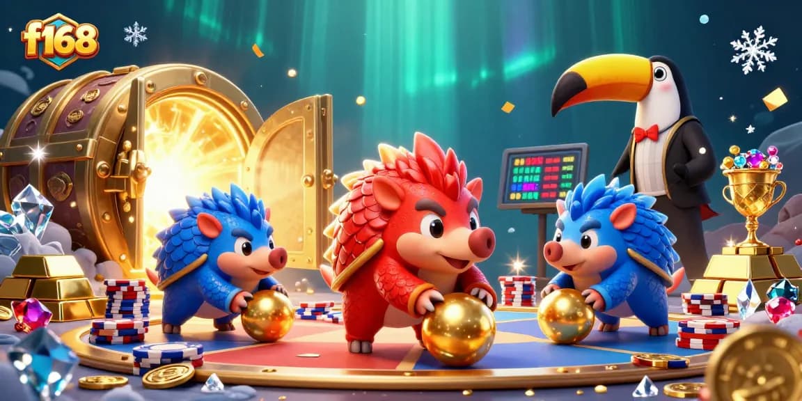 Engage with lavish f168 casino gameplay featuring rival pangolins rolling through poker chips amidst treasures.