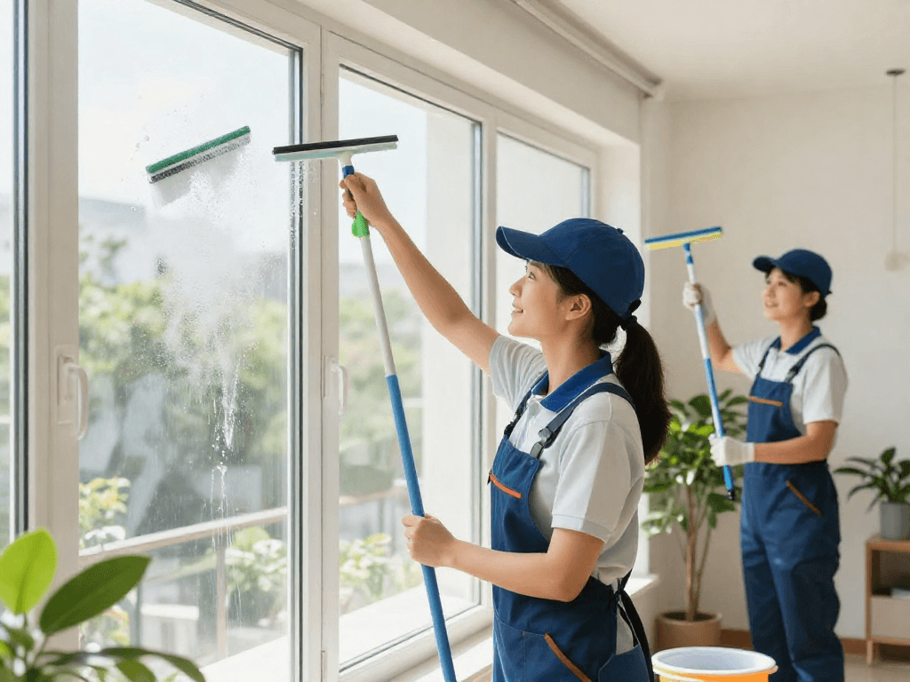 Reinigungsdienst Dortmund - Professionelles Reinigungsteam bei der Fensterreinigung in einer modernen Wohnung.