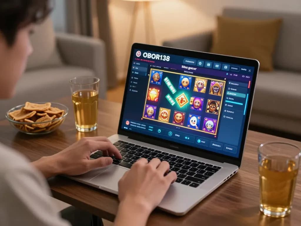 Player engaging with situs gacor slot games on a laptop, highlighting thrilling online betting.