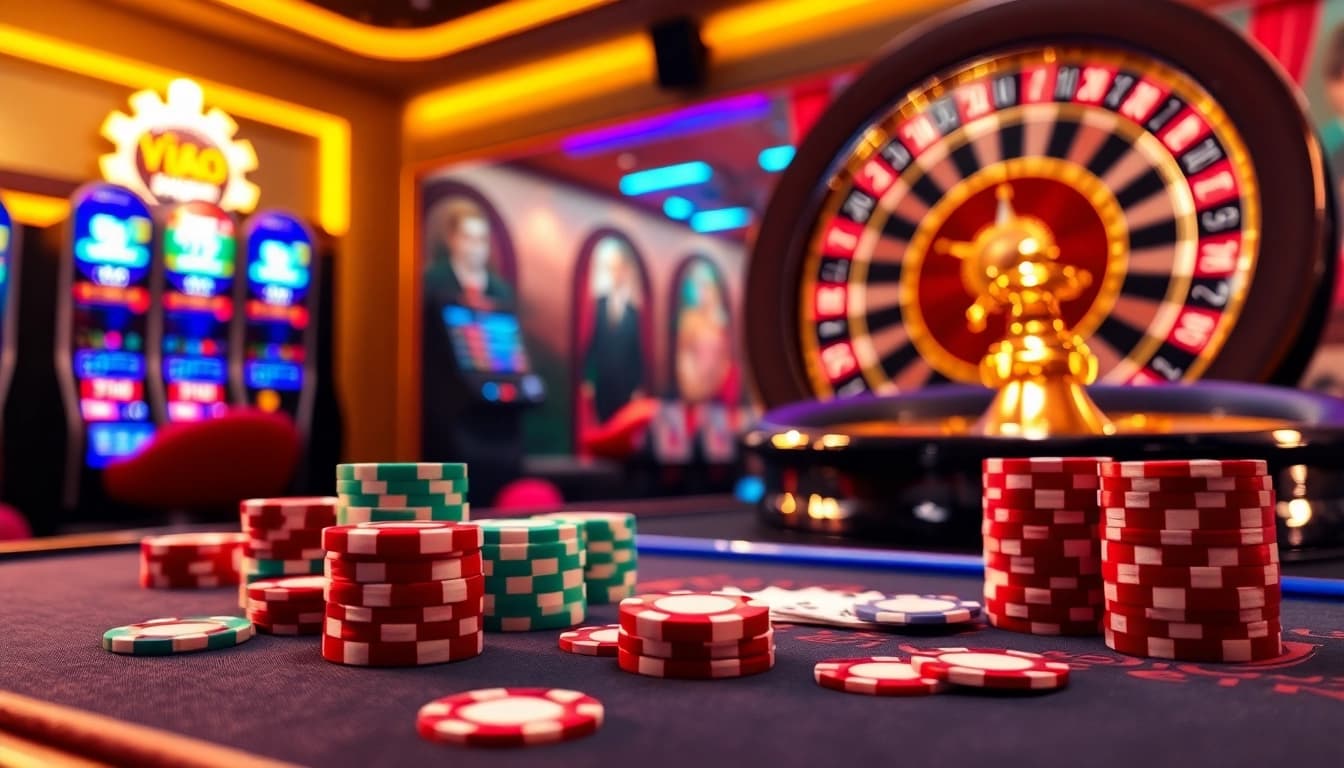 Exciting online gambling scene featuring nhà cái Vua99 with vibrant casino elements and professional atmosphere.