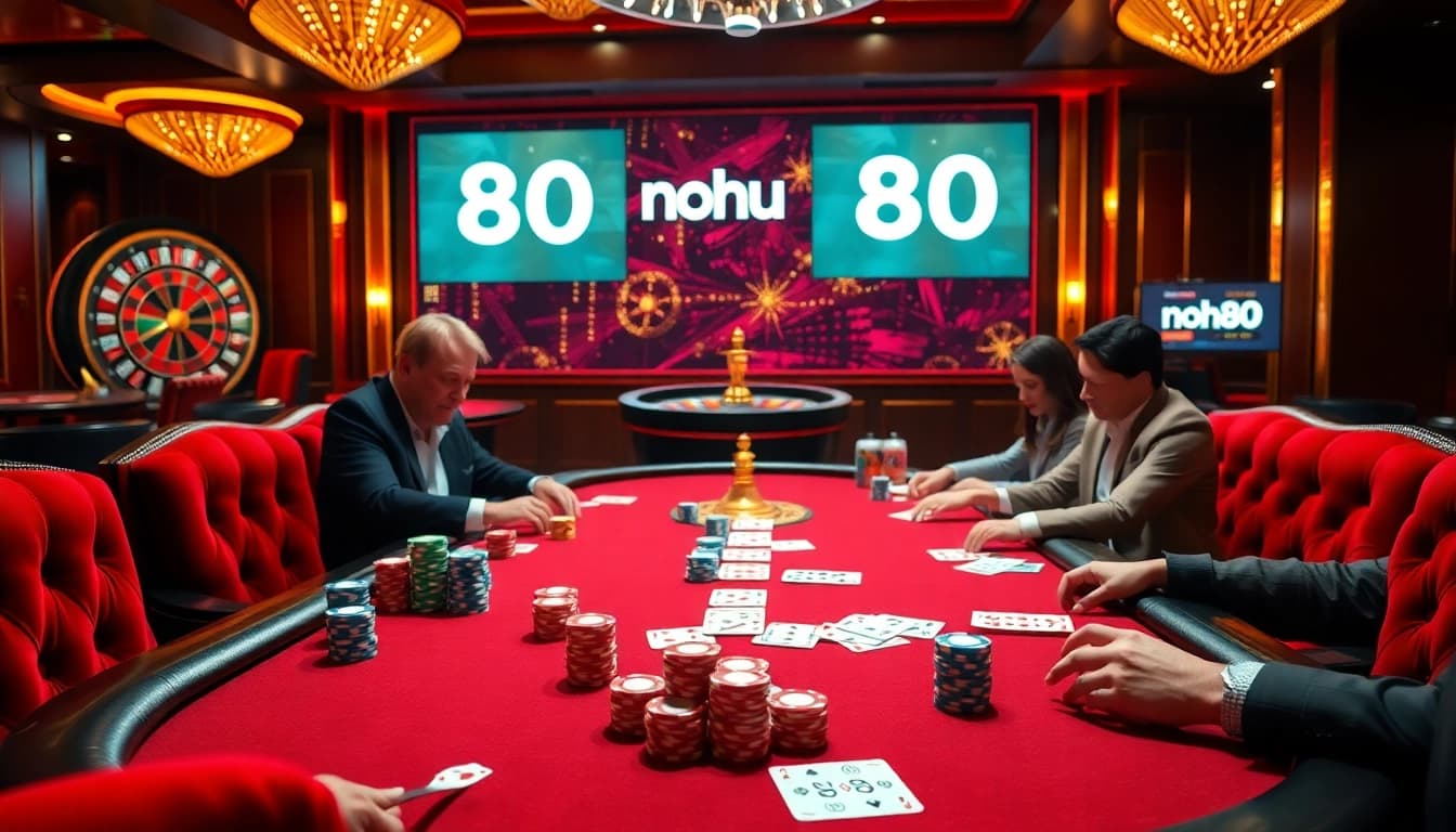 Nohu90 players strategizing at a luxurious poker table with vibrant casino ambiance.