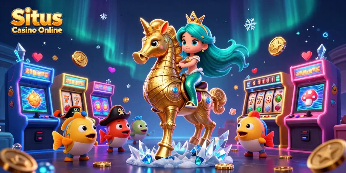 Situs Casino Online features a vibrant scene with a mermaid princess, seahorse, and colorful fish in a casino-themed adventure.