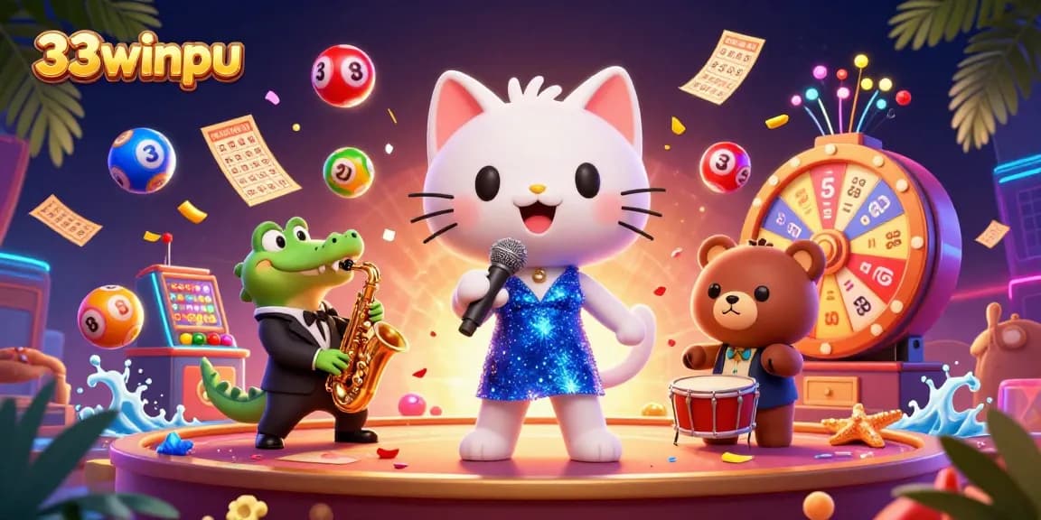 Experience the vibrant energy of 33winpu with a jazz-singer cat and lottery elements animated together.