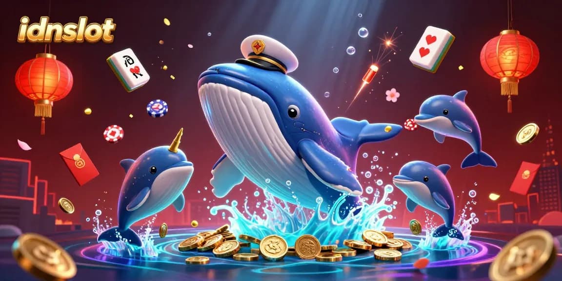 Join the fun with idnslot as the cartoon whale and dolphins splash through coins and poker chips.