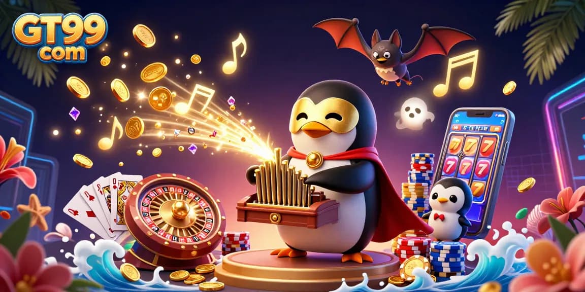 Experience the excitement of winning at GT99 com with colorful casino elements and animated characters.