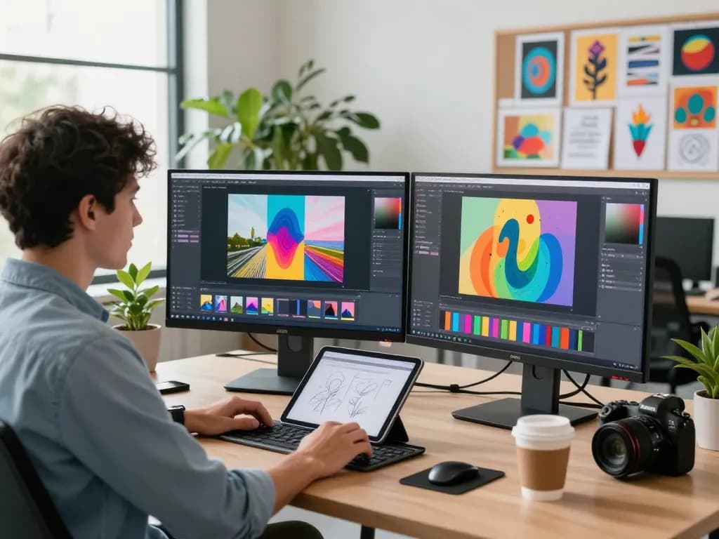 Creative professional using nano banana pro in a modern workspace with vibrant AI images displayed.