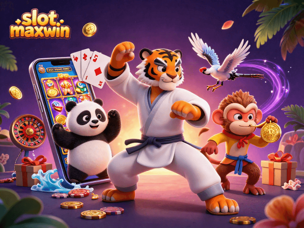 Experience the excitement of slot maxwin with kung fu characters and vibrant casino elements.