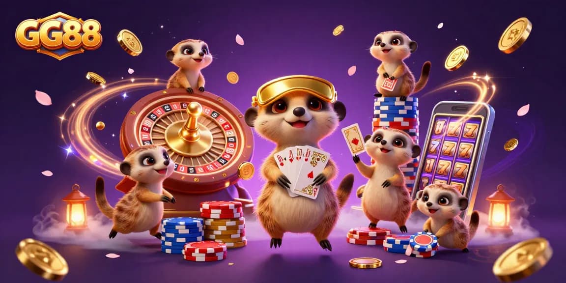 GG88 meerkats thriving in a vibrant casino environment, showcasing dynamic gaming elements and excitement.