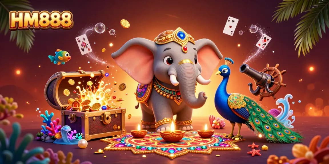 Join the excitement of HM888 with a vibrant scene of online gaming featuring a Diwali-themed elephant and treasure-filled underwater elements.