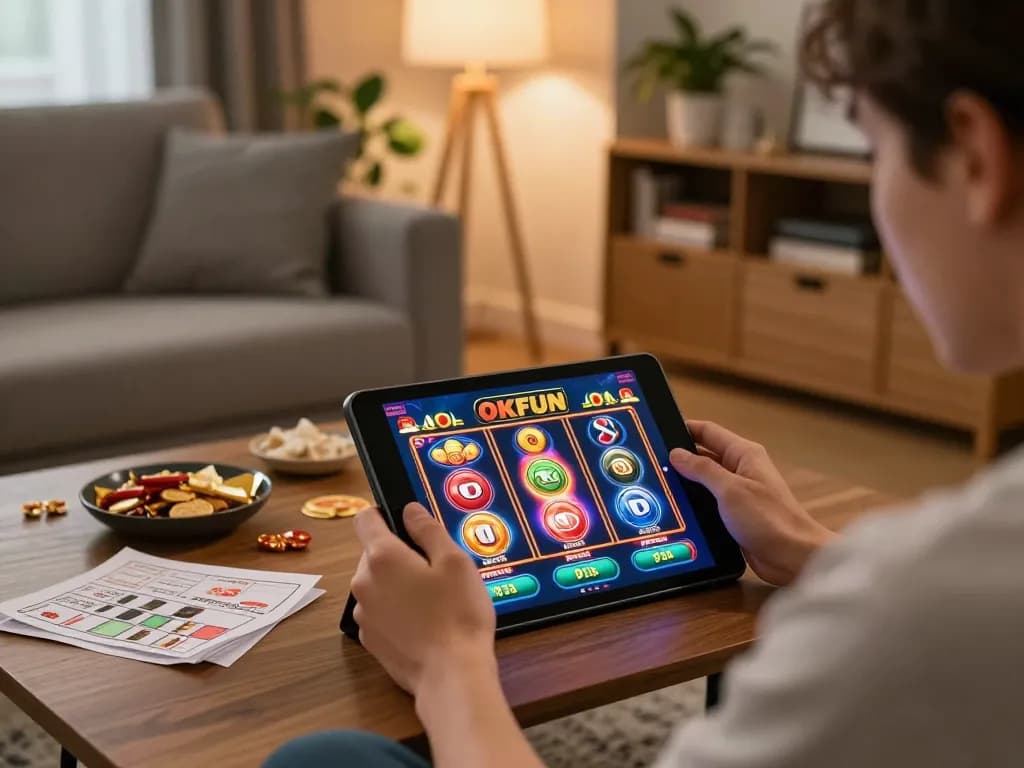 Player enjoying exciting OKFUN online slots on tablet in a cozy home setting.