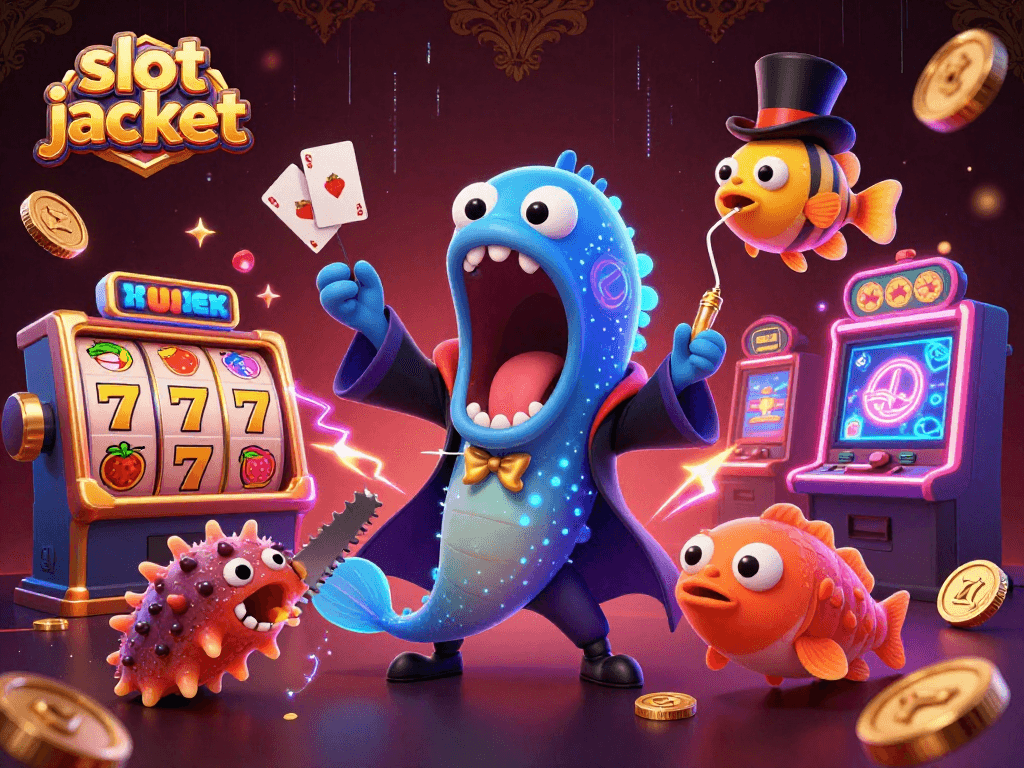 Engage in the thrilling slot jackpot experience with vibrant casino elements and playful sea creatures.