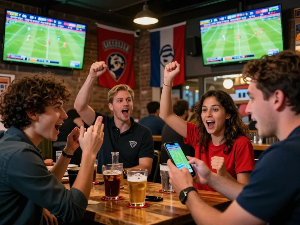 Bets on Bola Online being placed during an intense live football match at a sports bar