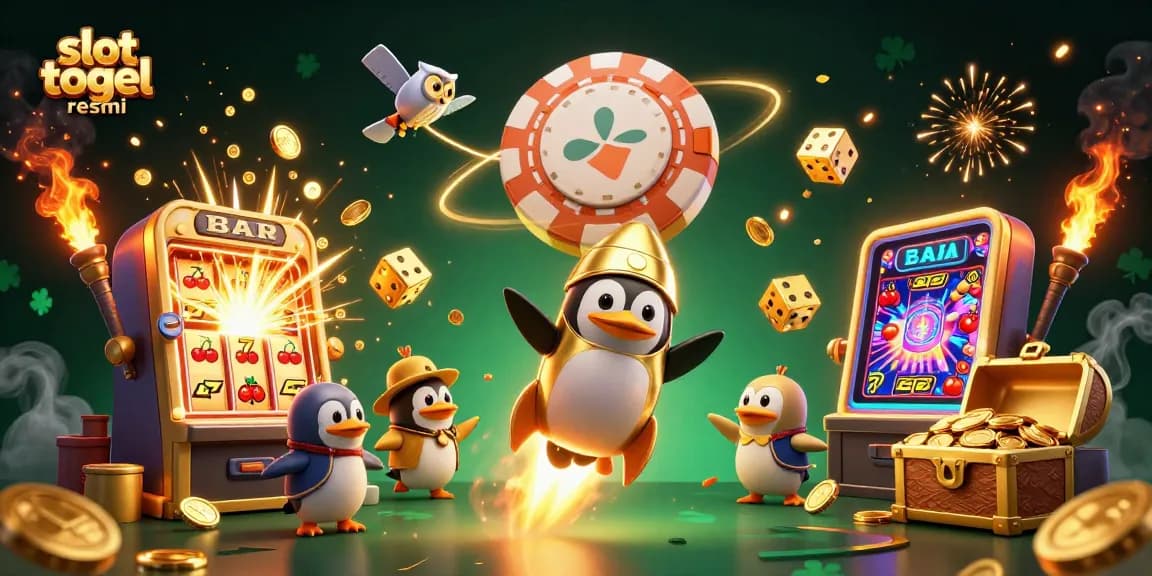 Experience the excitement of slot togel resmi with this vibrant 3D illustration of a golden penguin and casino elements.