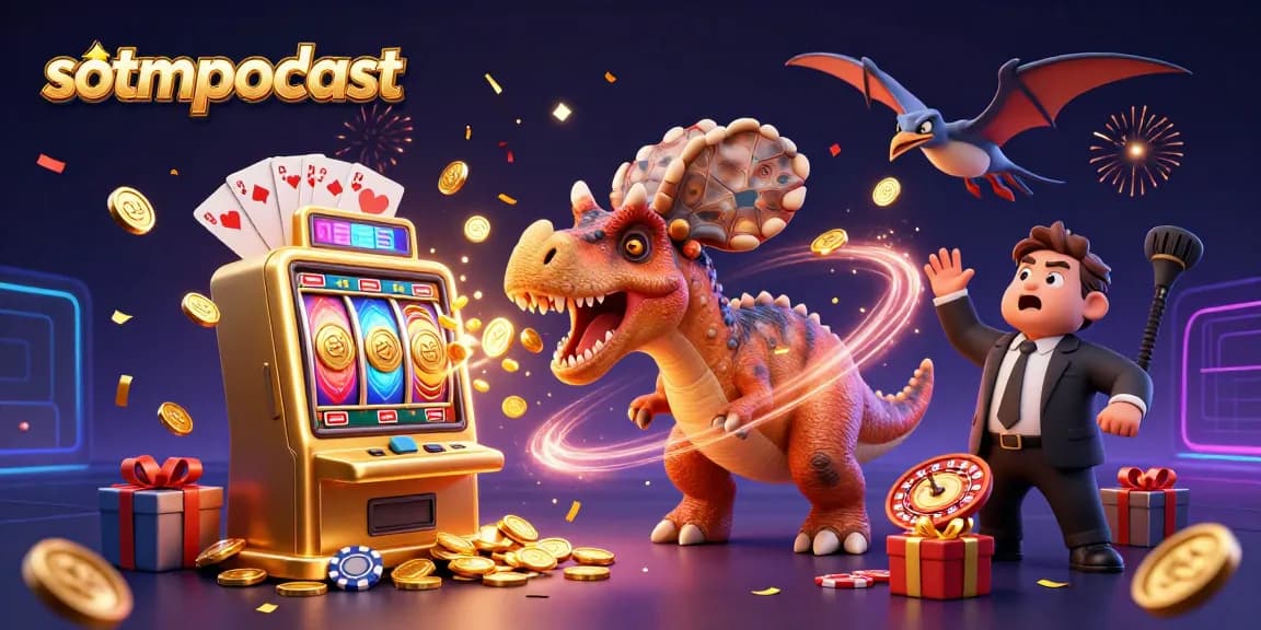Sotmpodcast mengisahkan ikonik dinosaurus bertarung di mesin slot emas dalam suasana kasino yang meriah.