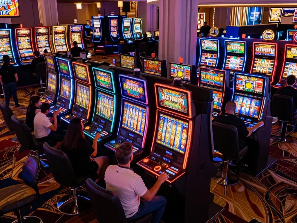 Players enjoying engaging Slot Online action at a vibrant Las Vegas casino, surrounded by colorful machines