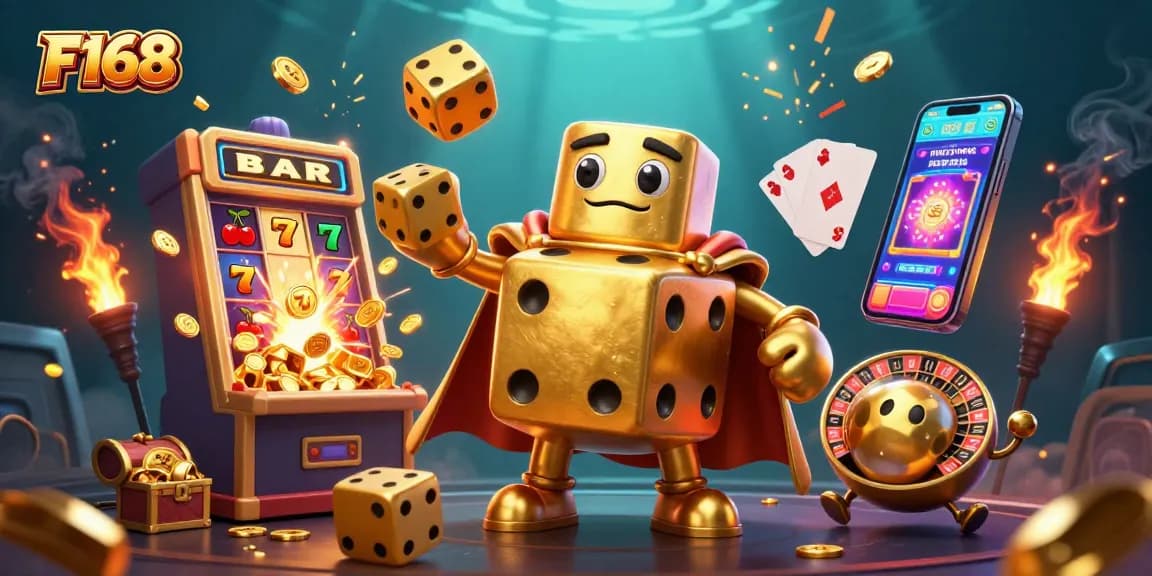 Engage with F168's online gaming excitement featuring vibrant casino elements and characters.