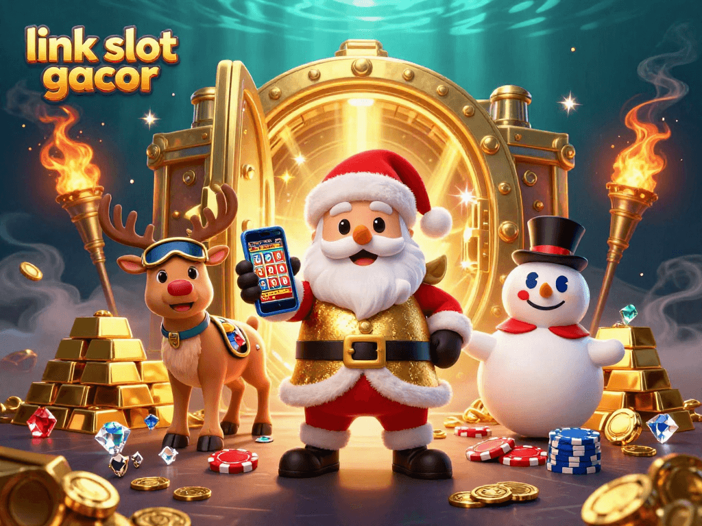 Engage in winning strategies with link slot gacor highlighted by a festive 3D Santa scene.