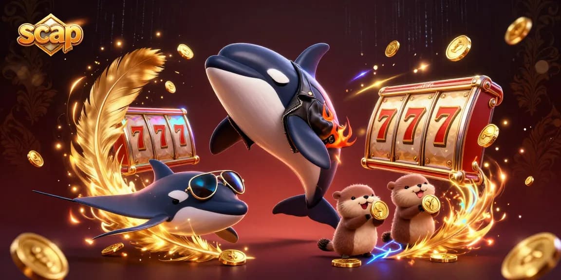 Experience thrilling gambling with scap in a vibrant underwater casino scene of orca, stingray, and sea otters.